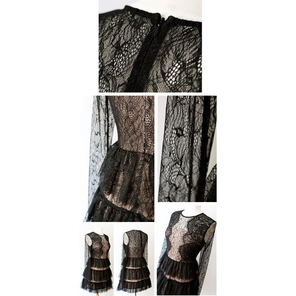 Black Lace Overlay Tiered Ruffle Romantic Dress - Picture 5 of 8